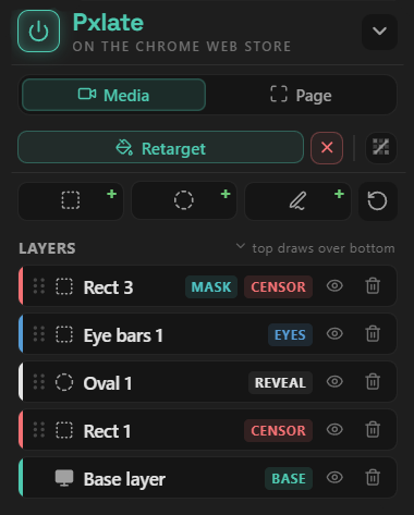 The Pxlate control panel, showing censor, eye-bar, reveal, and base layers stacked in a list.